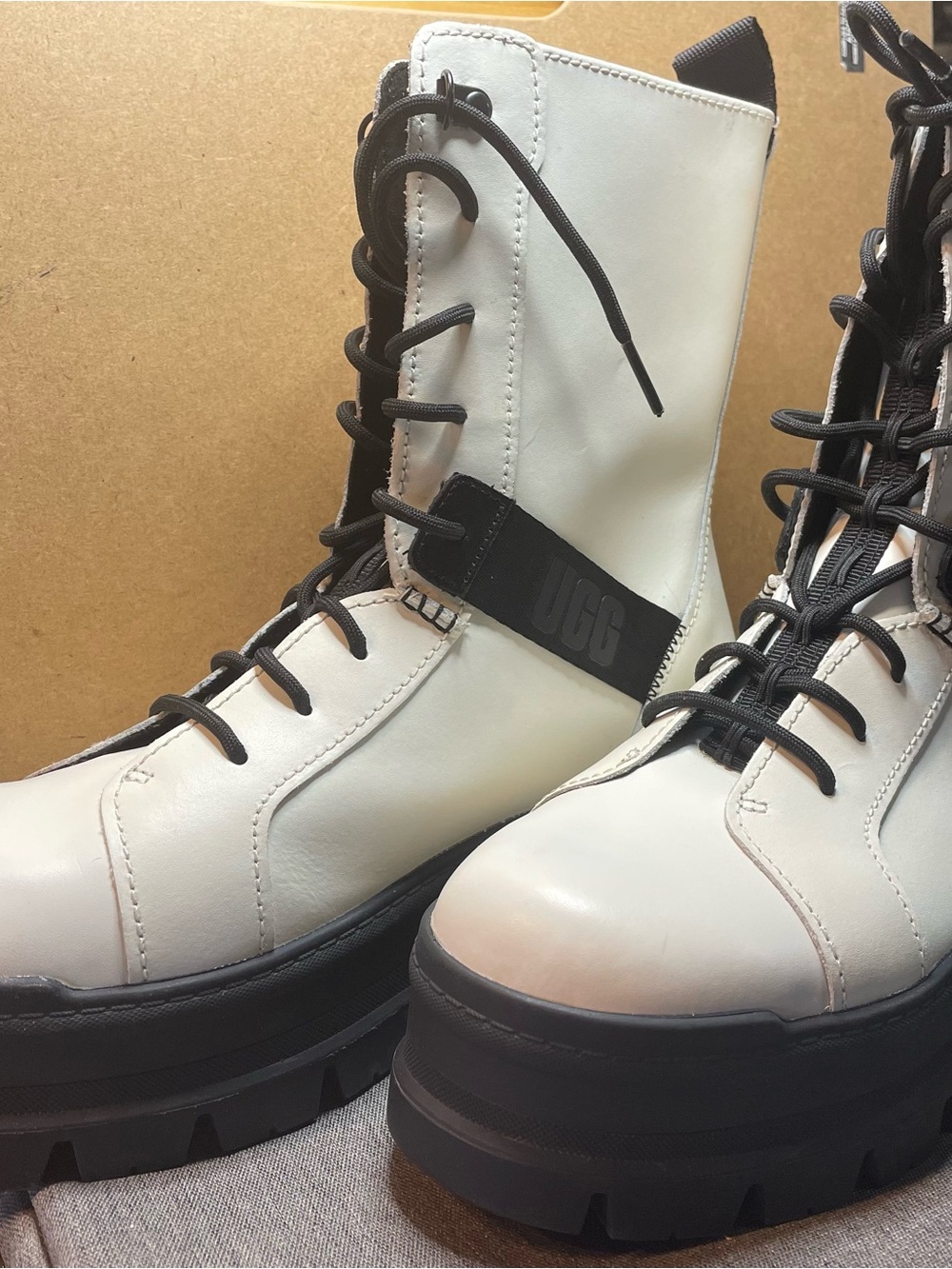 UGG Cream Lace-Up Platform Combat Boots with Black Sole